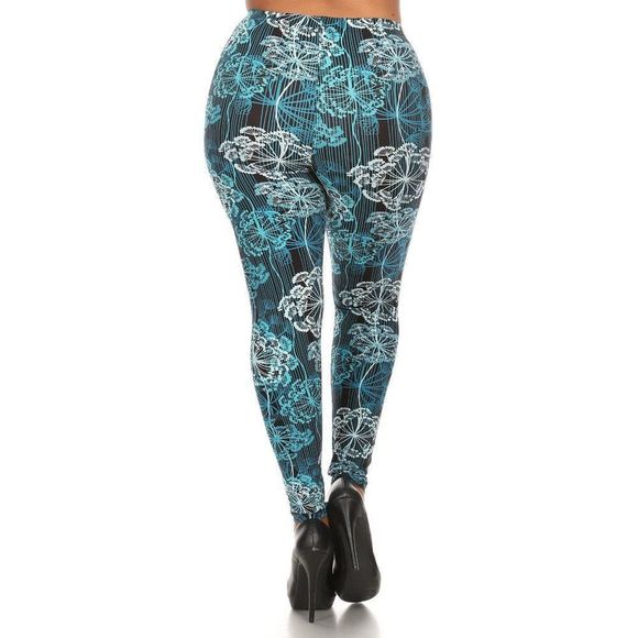 (Plus) Curvy Black White Blue Damask Floral Pattern Print Leggings - Picture 3 of 5